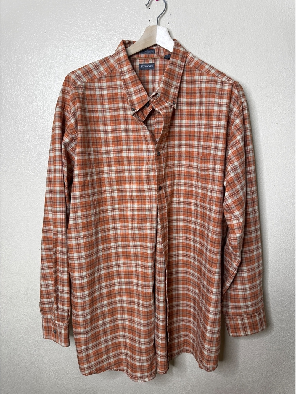 St. John’s Bay Men 3XLT Orange Plaid Oxford Button Down Shirt Long Sleeve Cotton